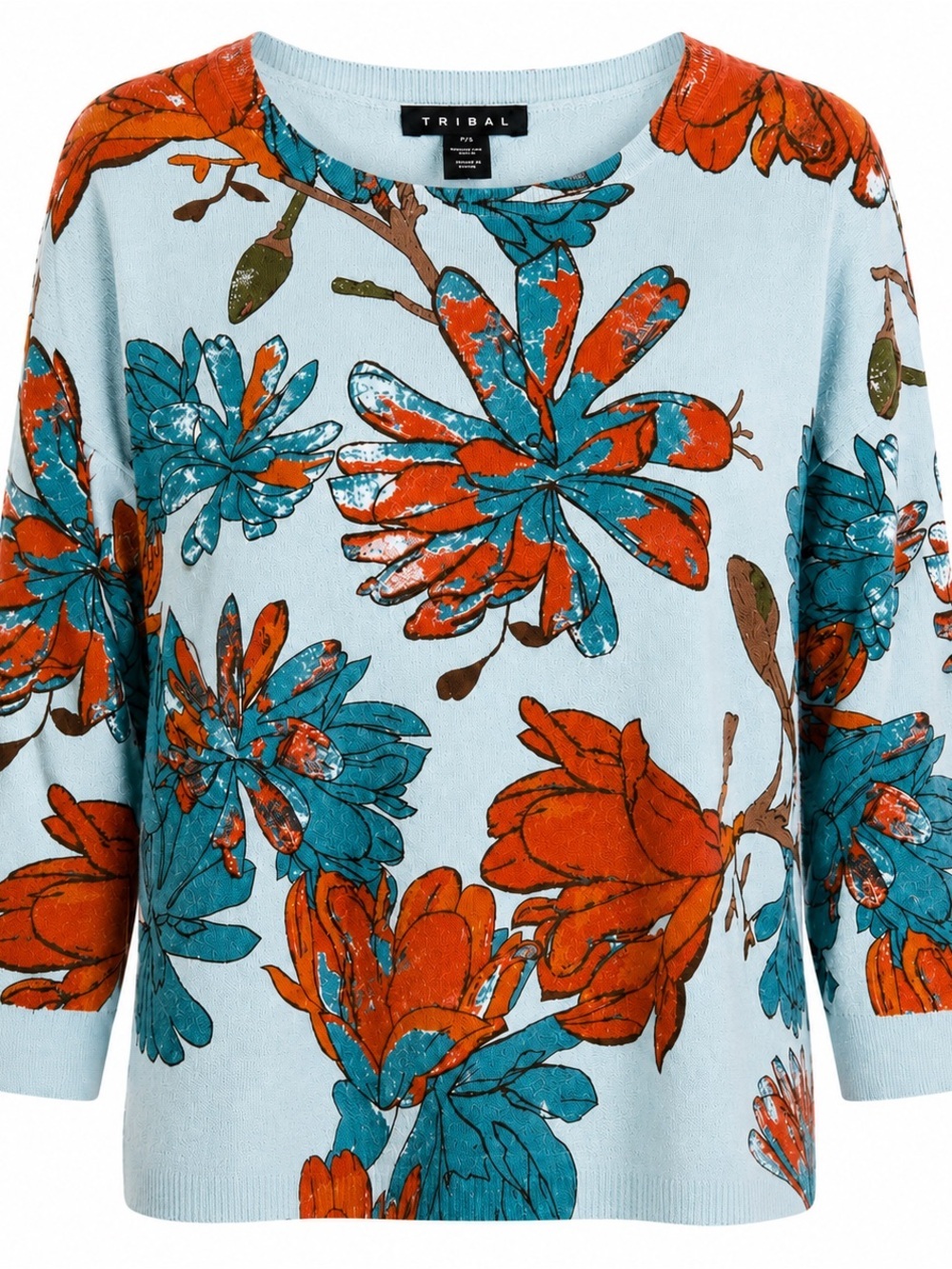 Tribal Floral Print Knit Sweater Petite Small Blue Boho